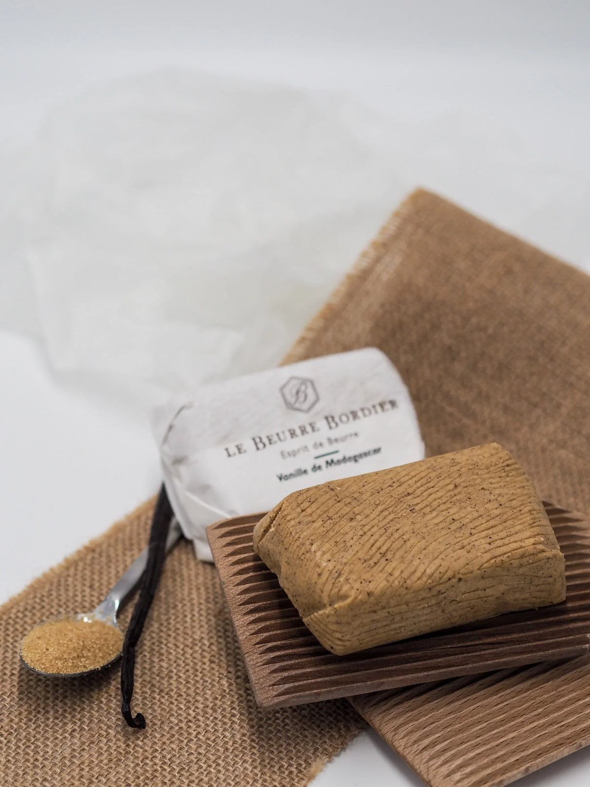 Vanilla bean butter with Madagascar vanilla, artisan-made, premium French butter on wooden board