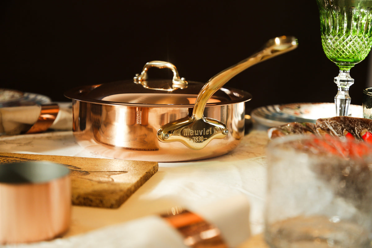 Mauviel 1830 M'Heritage M'150 B Copper Saute Pan With Lid, Brass Handle