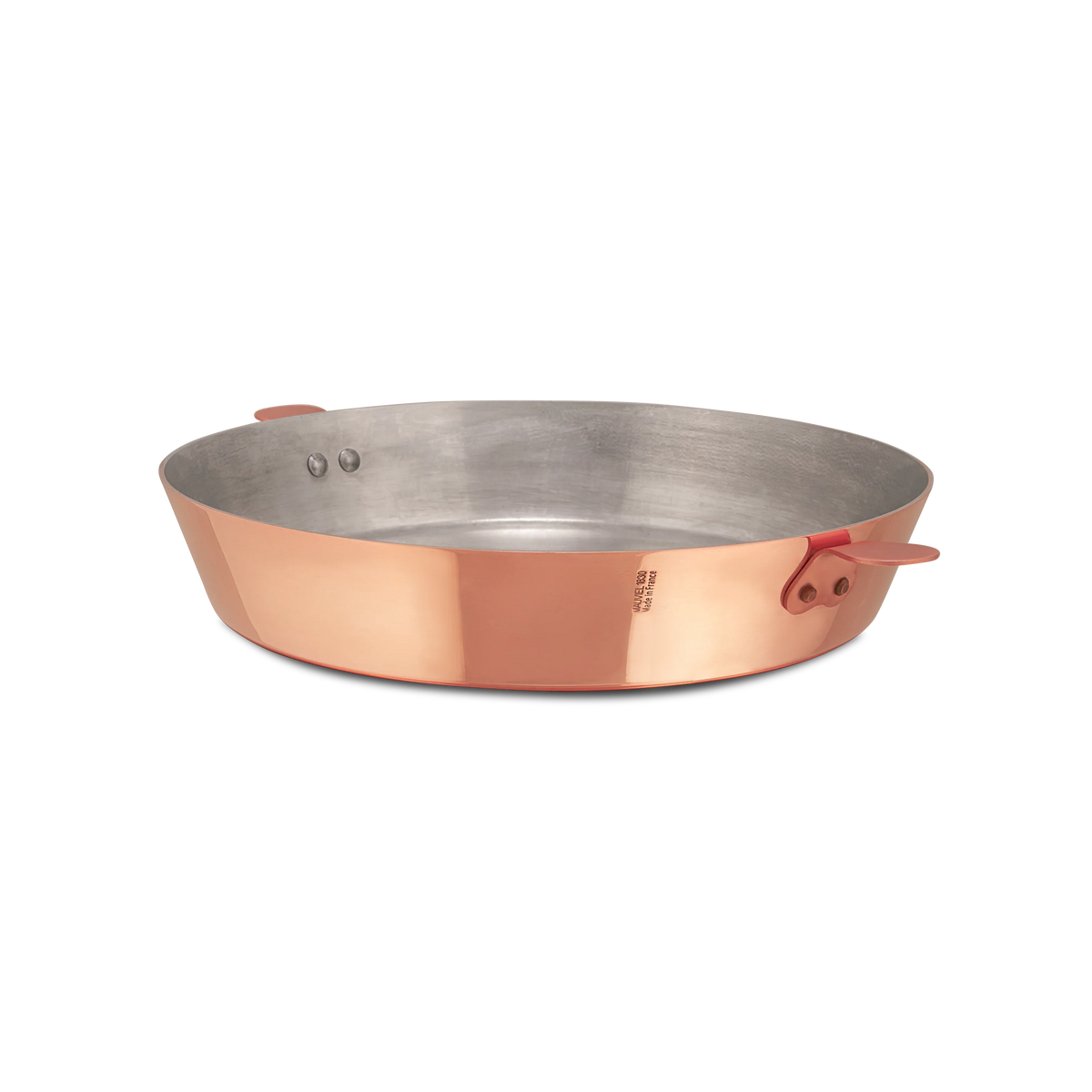 Polished copper shallow pan with two metal handles on a white background.