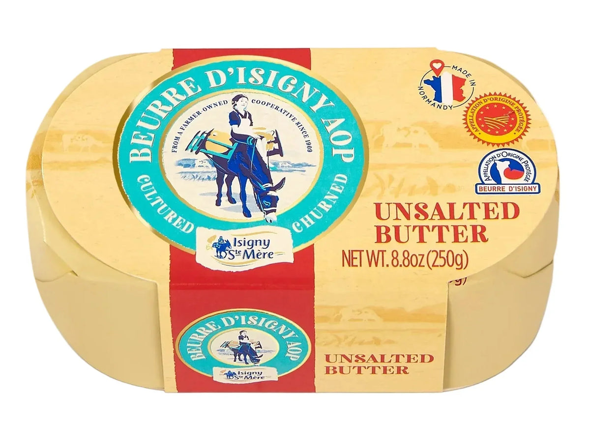 Isigny AOP unsalted butter, cultured & churned, 250g, made in Normandy, French artisan butter