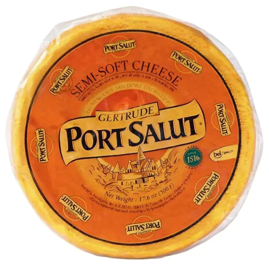 Gertrude Port Salut semi-soft cheese wheel, artisan-made, grass-fed, premium French cheese