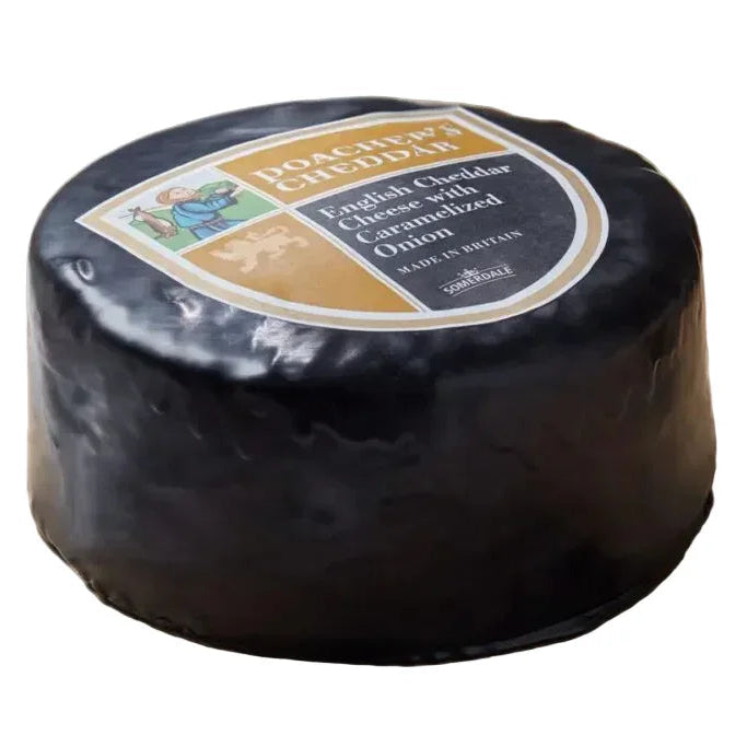 Whole waxed wheel of English cheddar cheese with caramelized onion, premium imported cheese