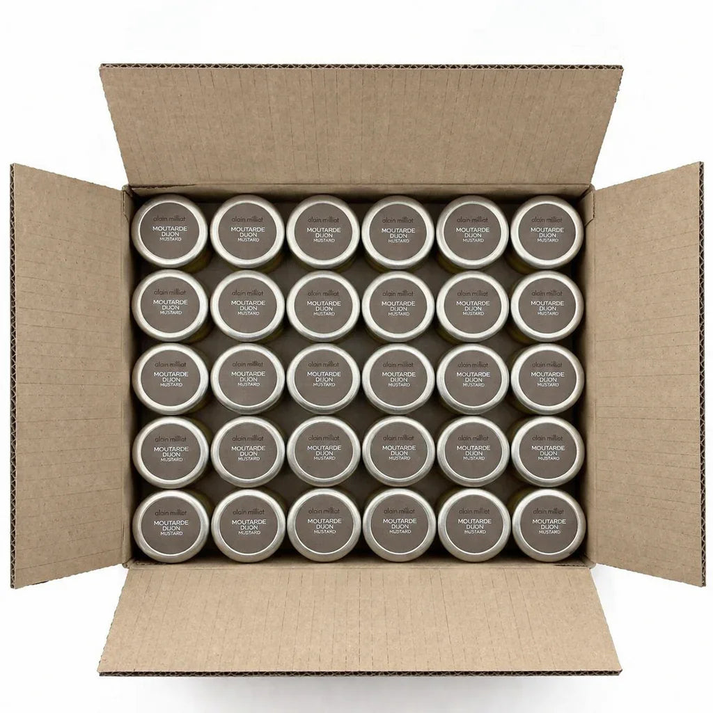 Box of Alain Milliat French Dijon mustard jars, premium imported gourmet condiment