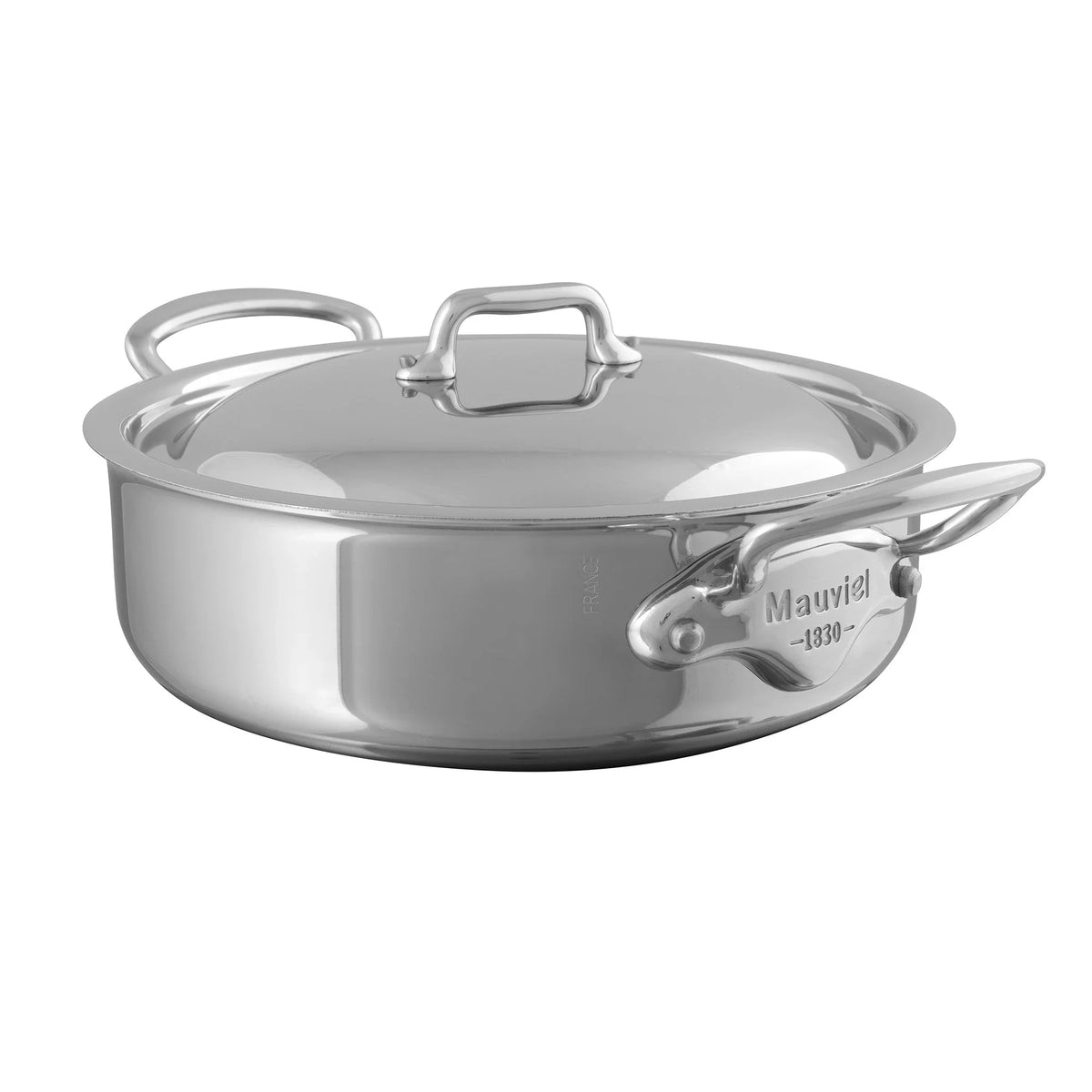 Mauviel 1830 stainless steel shallow pan with lid.