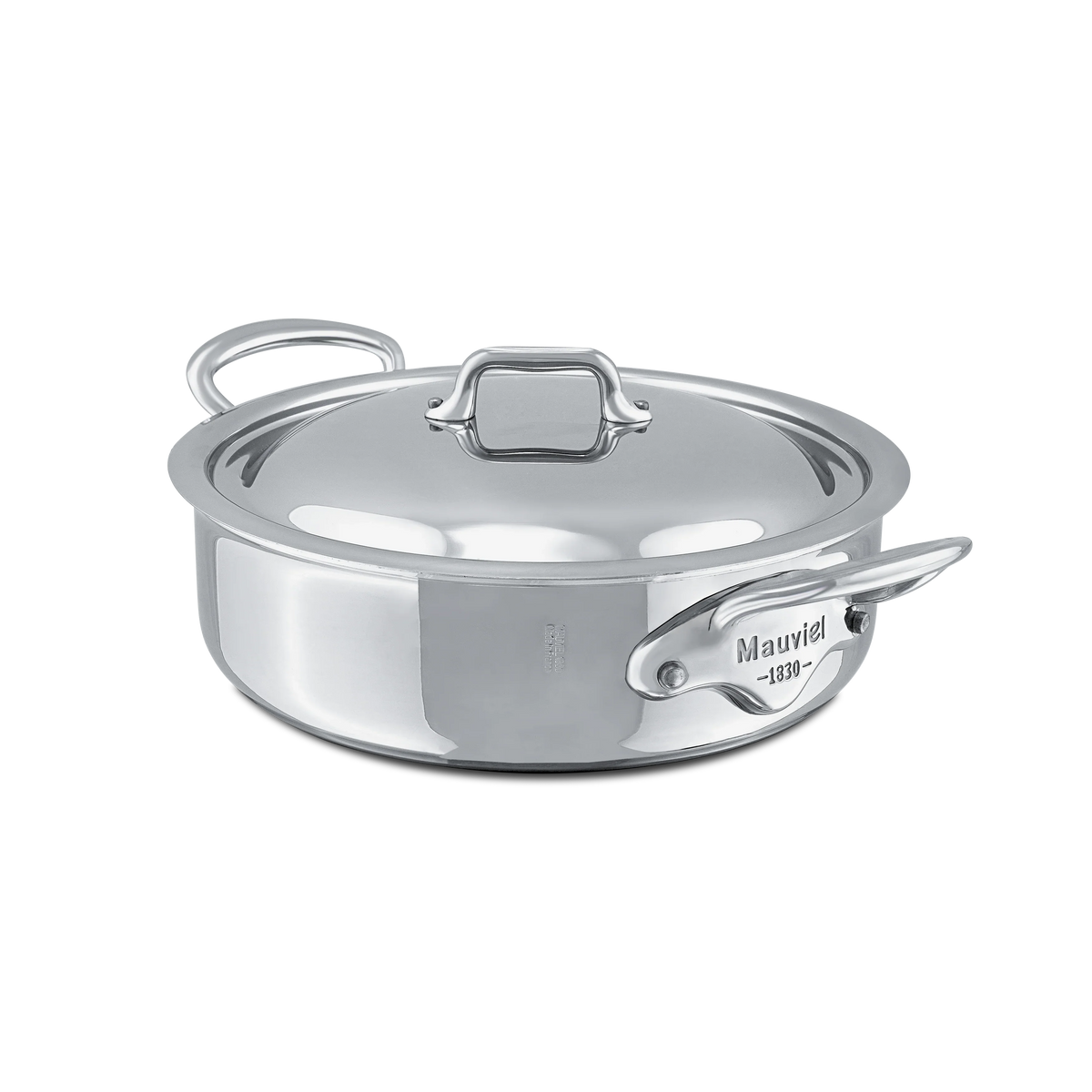 Polished stainless steel Mauviel 1330 pan with a matching lid and handles.
