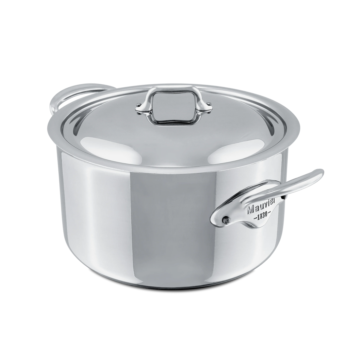 Stainless steel pot with lid and handles, featuring the Mauviel 1830 brand name.
