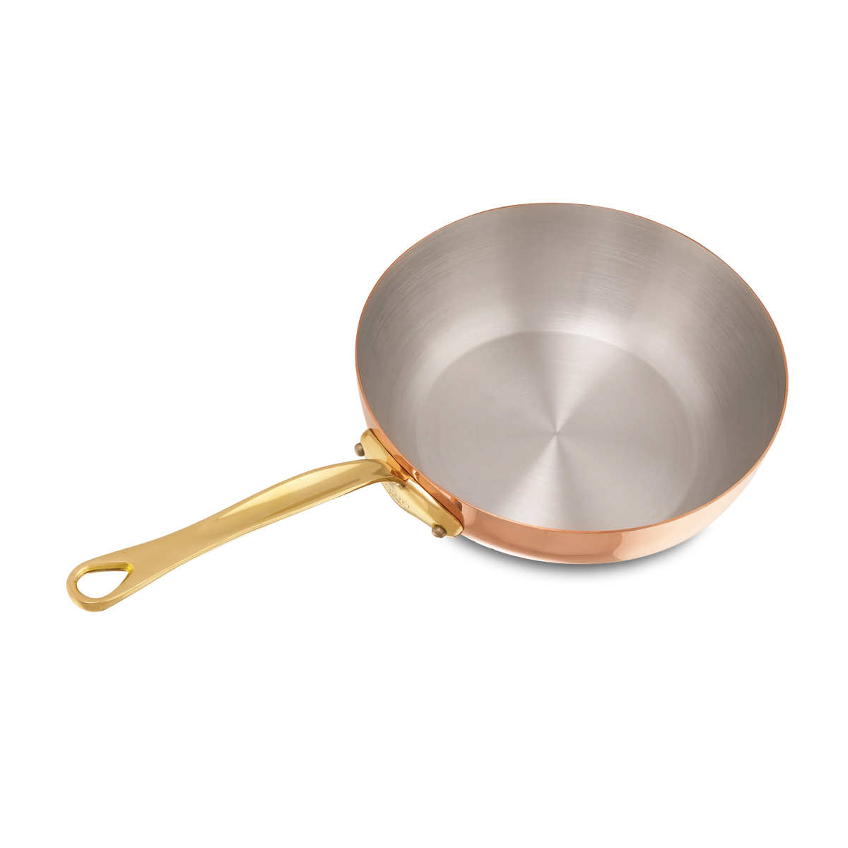 Stainless steel frying pan with a copper exterior and a gold-colored handle