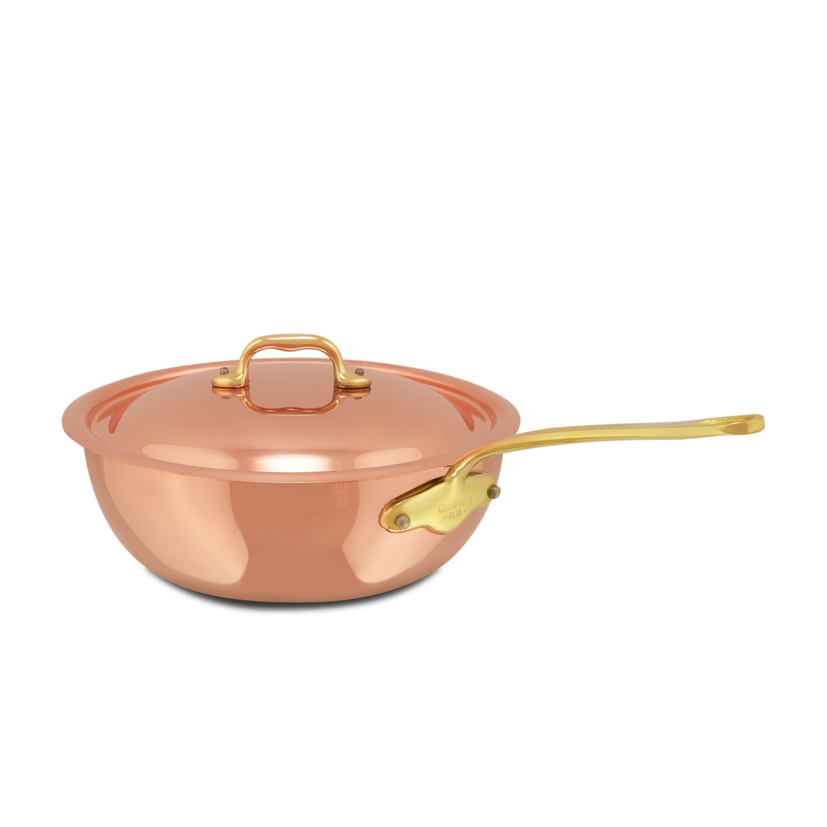Polished copper sauté pan with a matching lid and brass handle.