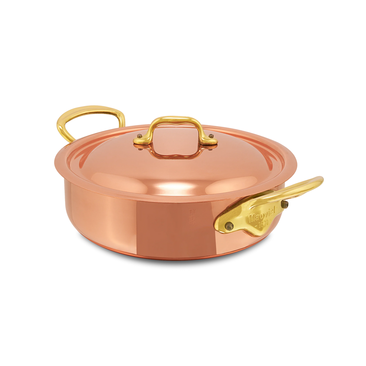 Mauviel copper sauté pan with lid and brass handles.