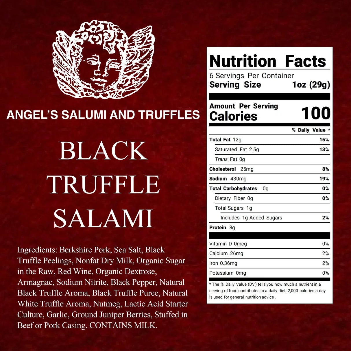 Black Truffle Salami label with nutrition facts, ingredients including Berkshire pork and truffle, on deep red background