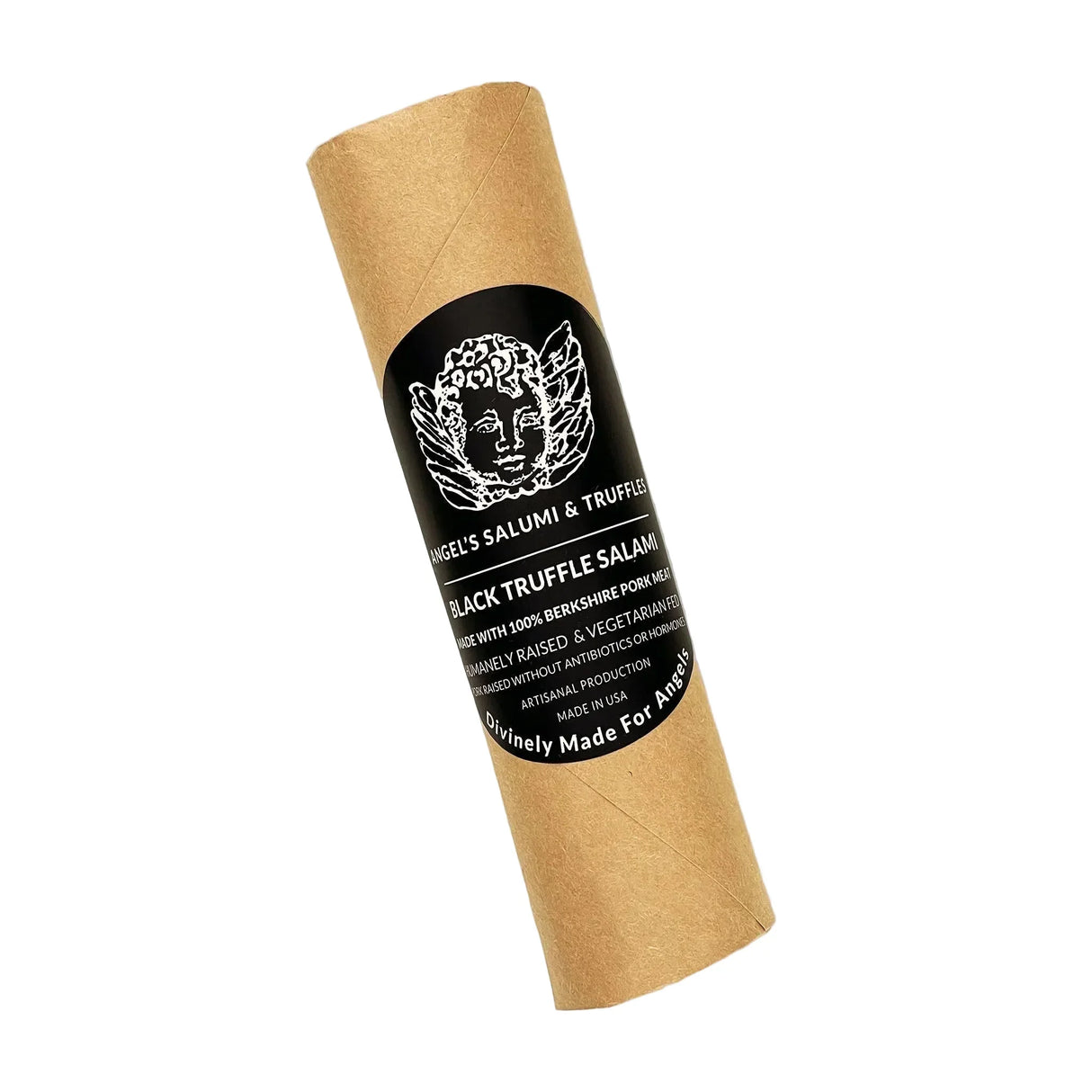Black truffle salami in kraft paper wrap, artisanal, humanely raised pork, no antibiotics or hormones, made in USA