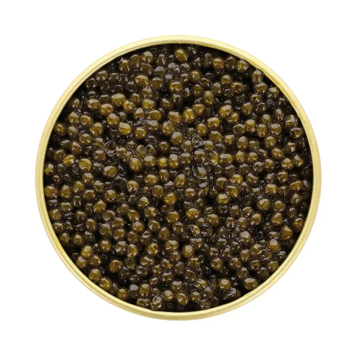 Premium French caviar in a gold tin, glossy and rich, artisan-made luxury delicacy