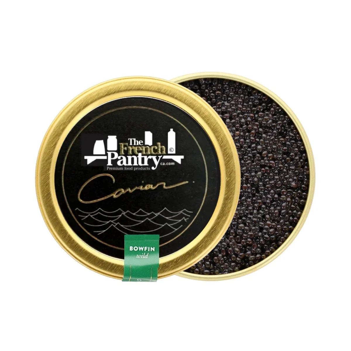The French Pantry Bowfin Wild Caviar in a gold tin with lid open.