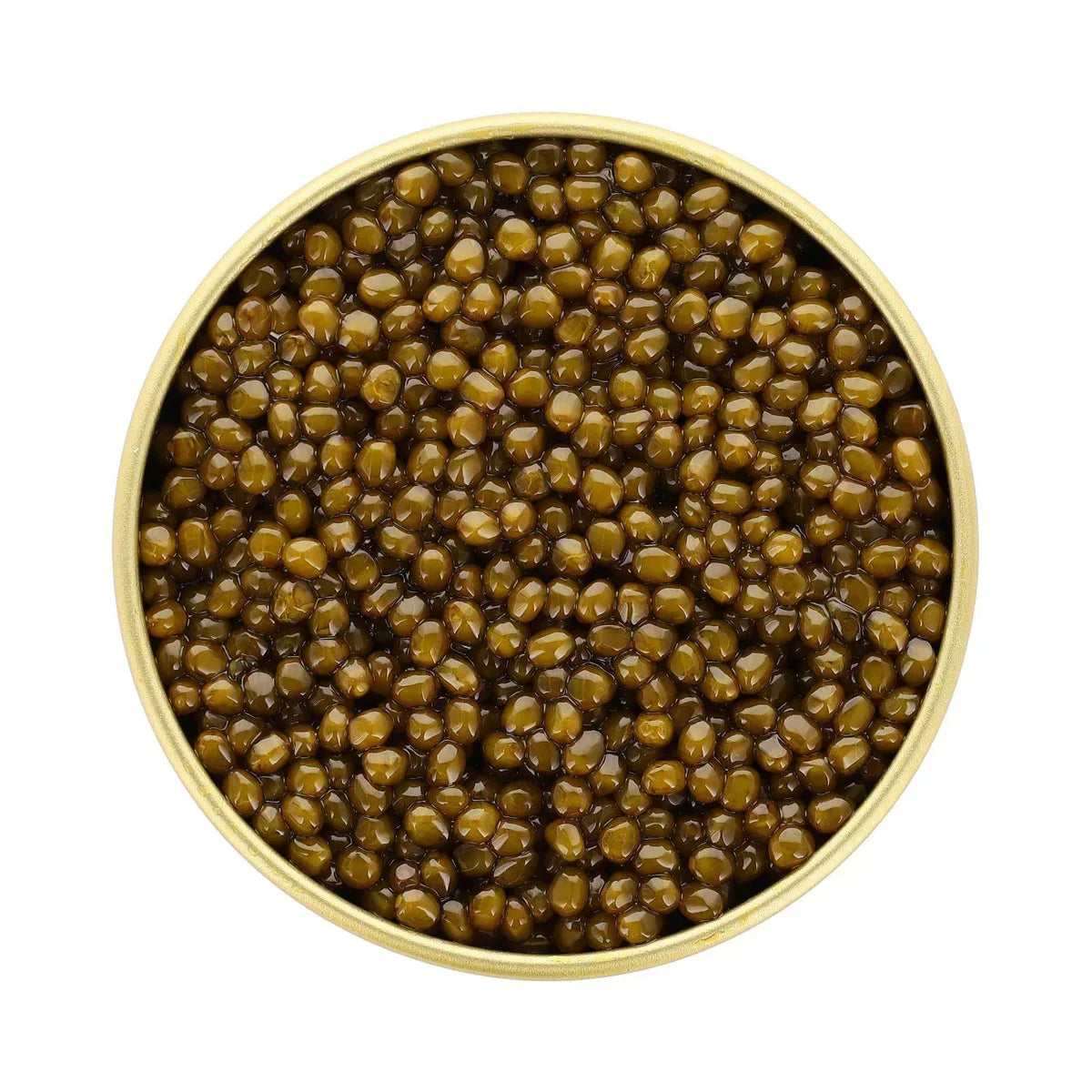 Premium French caviar in a gold tin, glossy and rich, artisan-made luxury delicacy
