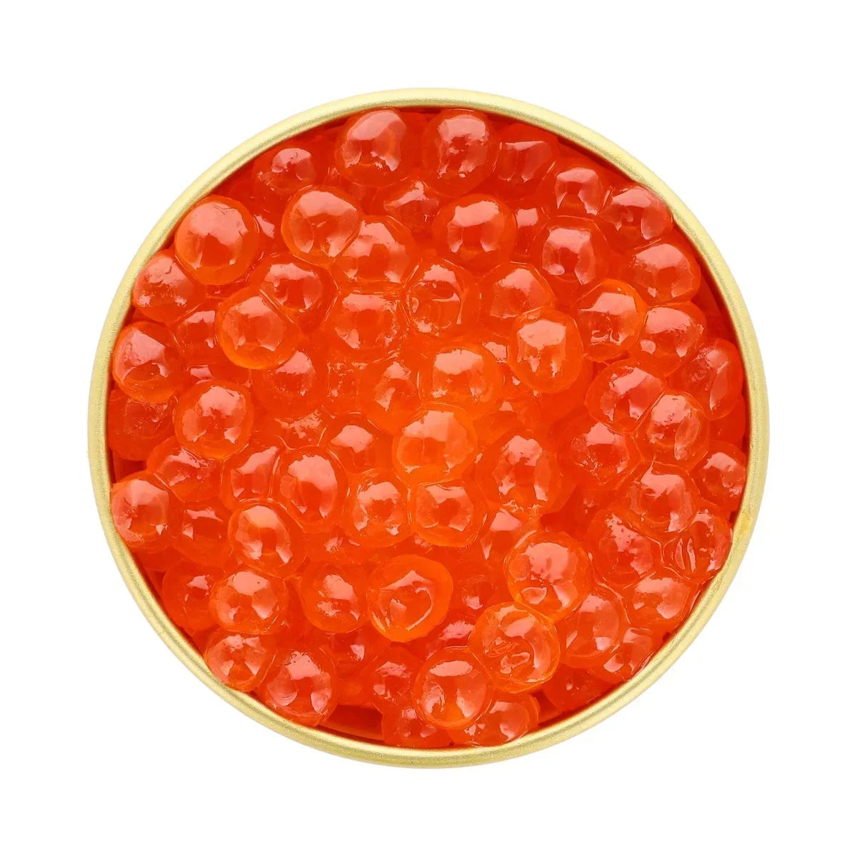 Top view of premium red salmon roe in a gold tin by The French Pantry