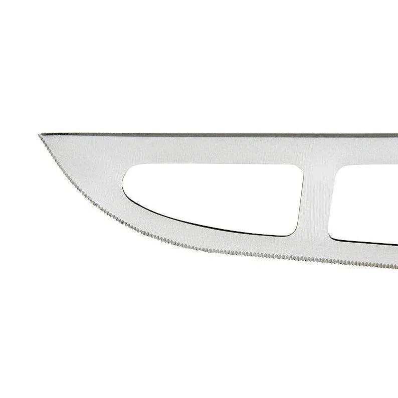 Stainless steel serrated knife with hollow cutouts for butter or cheese slicing