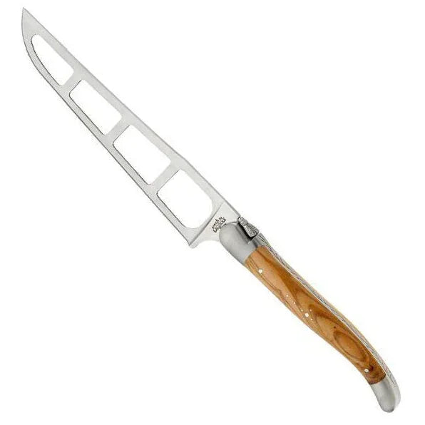 Artisan cheese knife with olive wood handle and stainless steel blade, perfect for premium French cheeses