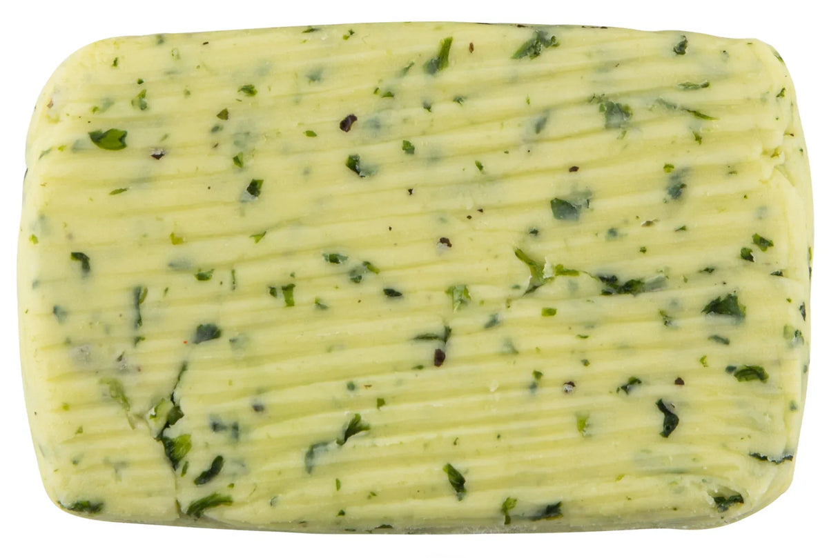 Herb-infused French butter with visible green flecks, artisan-made and premium quality
