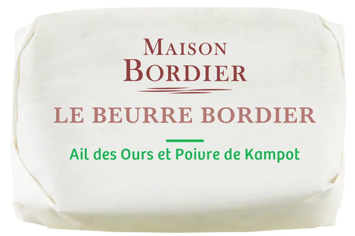 Maison Bordier garlic and Kampot pepper butter, artisan French butter wrapped in paper