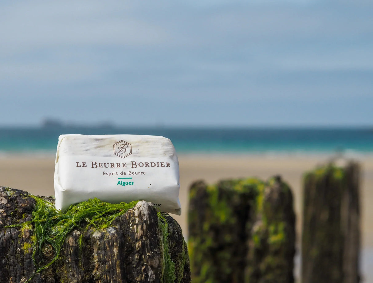 Le Beurre Bordier Algues butter on mossy beach post, artisan French butter with ocean backdrop
