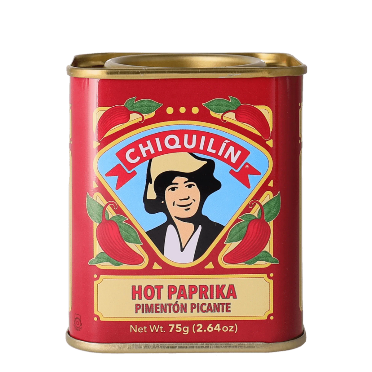 A red tin of Chiquilin Hot Paprika (Pimentón Picante) weighing 75g.