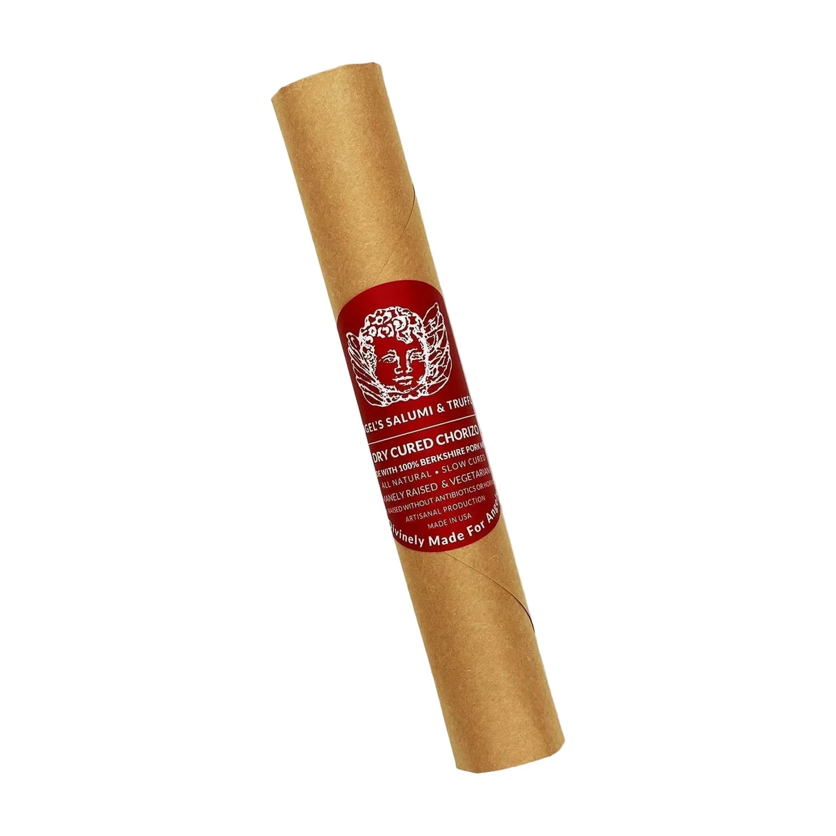 Dry cured chorizo wrapped in brown paper with red label, artisanal and all-natural