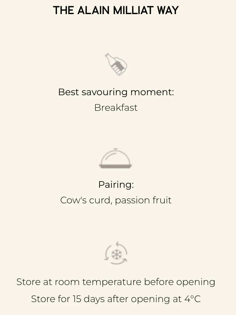 Alain Milliat product guide: best for breakfast, pairs with cow's curd & passion fruit, store at room temp before opening