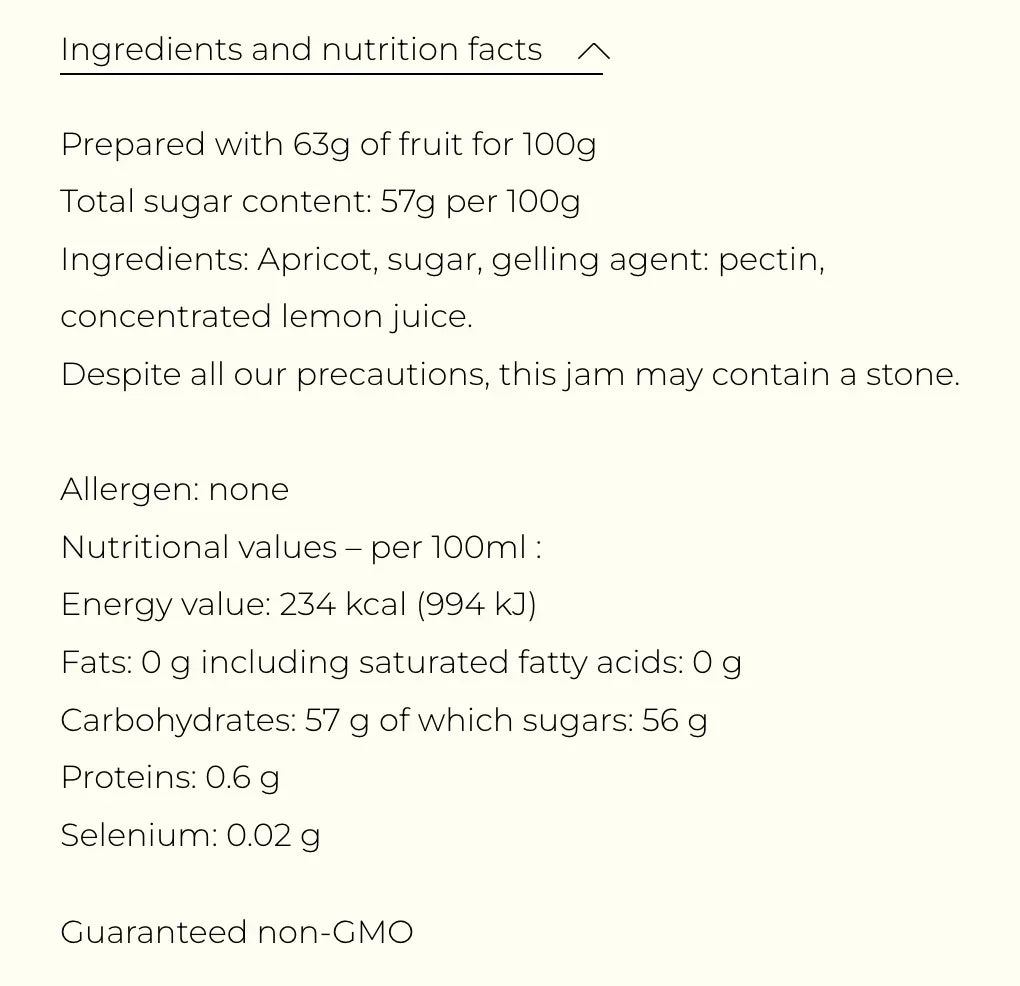 Ingredients and nutrition facts list for Alain Milliat apricot jam.