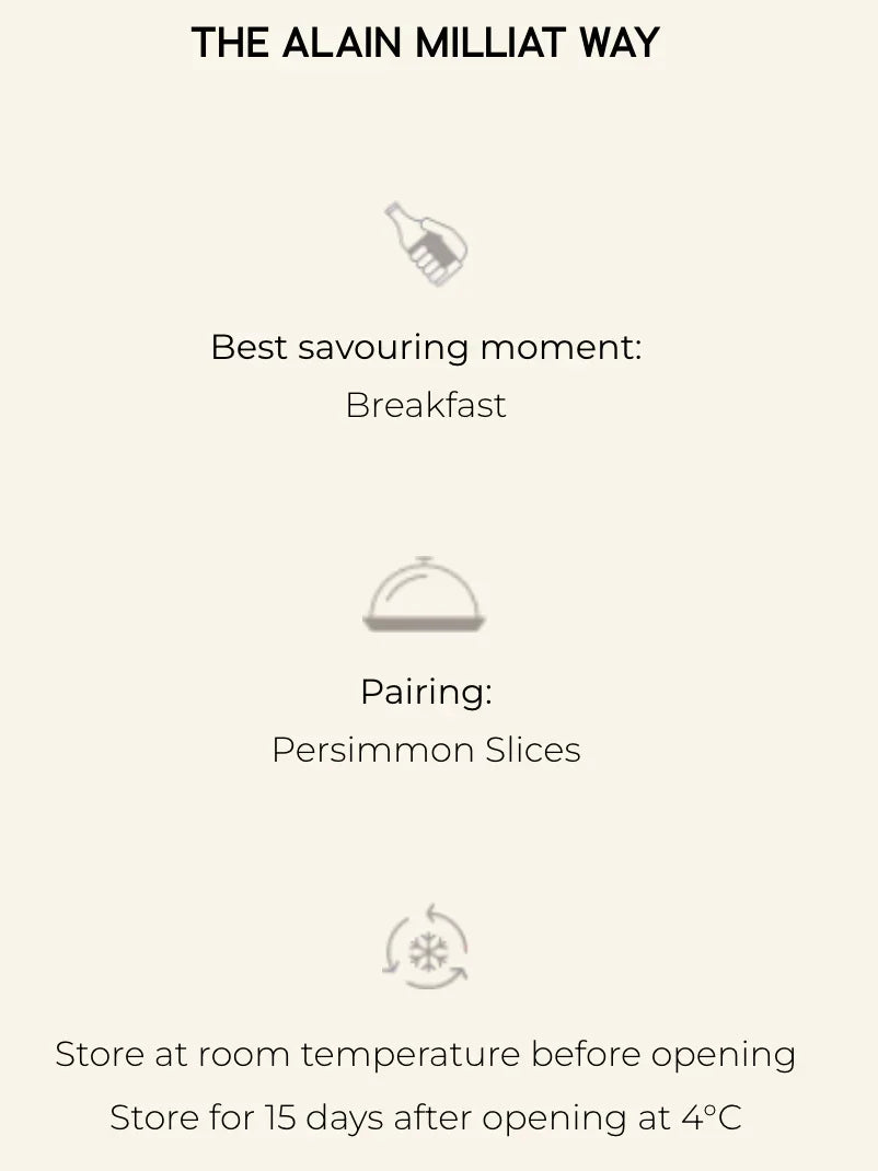 Alain Milliat breakfast pairing suggestion with persimmon slices and storage instructions.