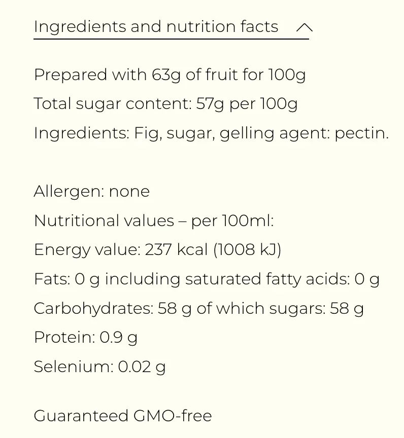 Fig jam nutrition facts: GMO-free, no allergens, 63g fruit per 100g, high in natural sugars, clean-label