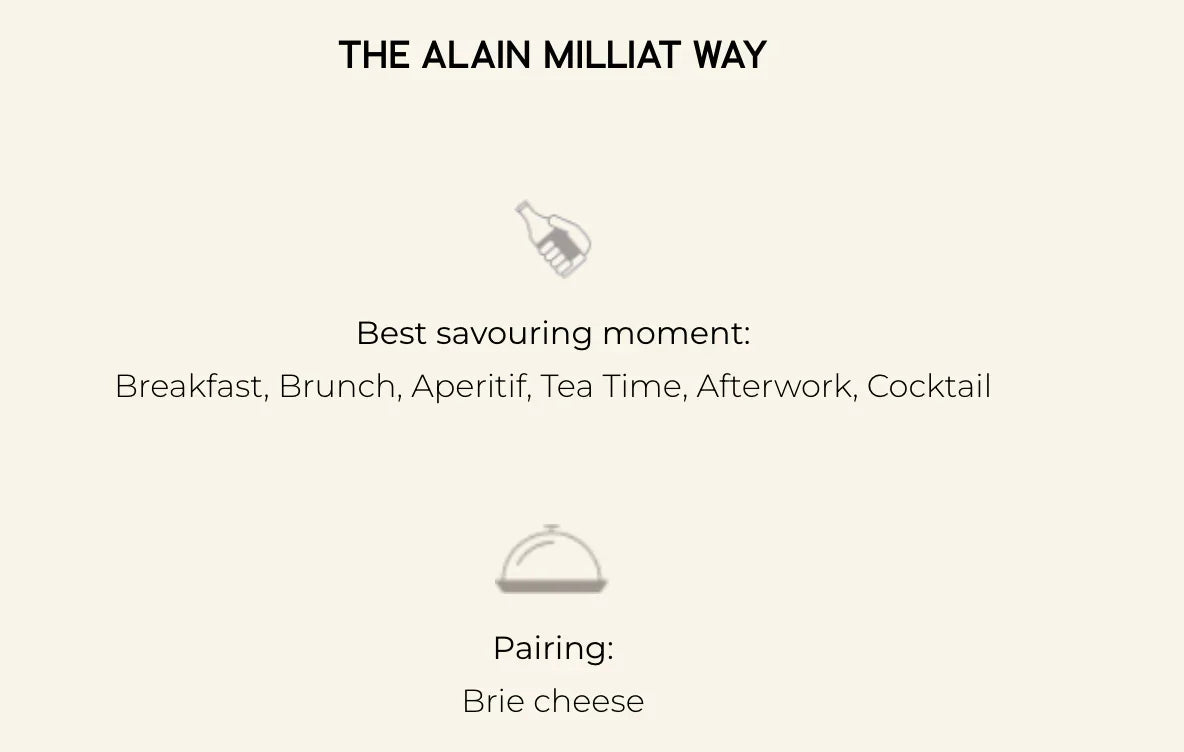 Alain Milliat pairing guide for Brie cheese, ideal for breakfast, brunch, or cocktails
