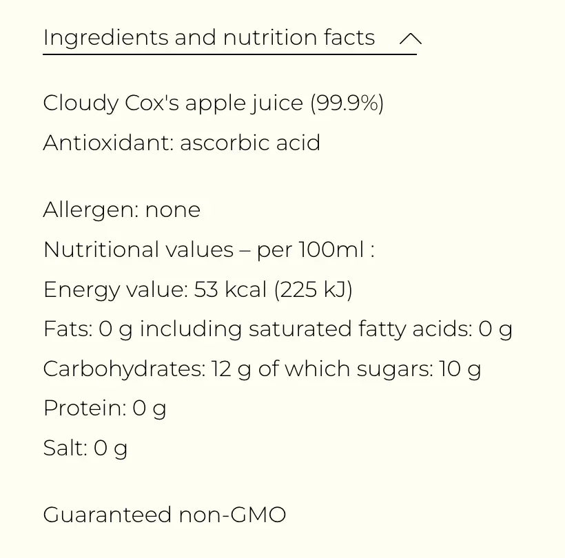 Nutrition facts for Cloudy Cox's apple juice, non-GMO, no allergens, 53 kcal per 100ml