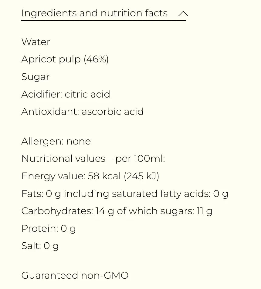 Ingredients and nutrition panel for Alain Milliat apricot nectar: 46 percent apricot pulp, no allergens, non-GMO