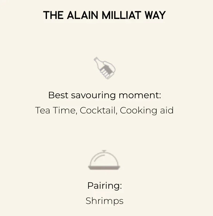 Alain Milliat product guide for tea, cocktails, cooking with shrimp pairing