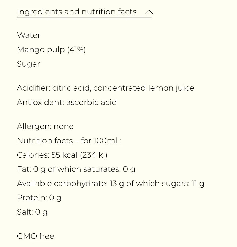 Mango pulp drink ingredients and nutrition facts, GMO-free, no allergens, low-fat, high-carb beverage