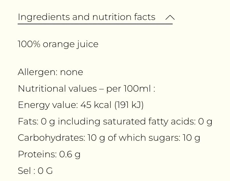 100% orange juice nutrition facts, allergen-free, no fats or salt, natural sugars, clean-label