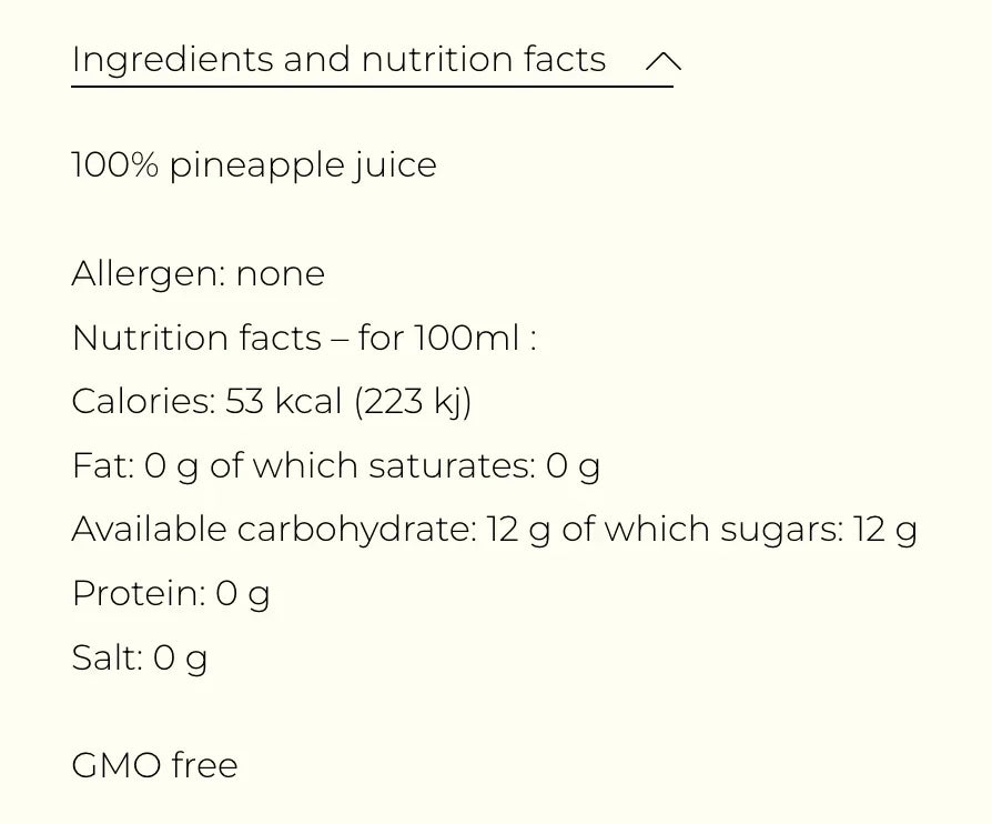 100% pineapple juice nutrition facts, GMO-free, no allergens, zero fat, sugar, protein, or salt