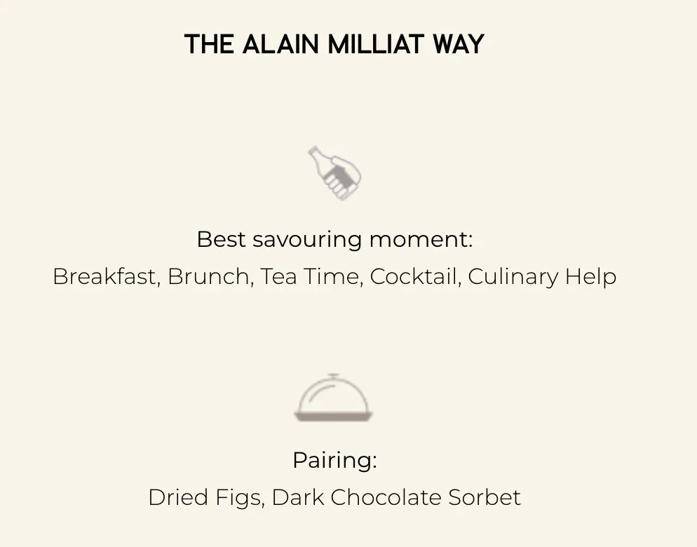 Alain Milliat pairing guide for dried figs and dark chocolate sorbet, ideal for breakfast or cocktails