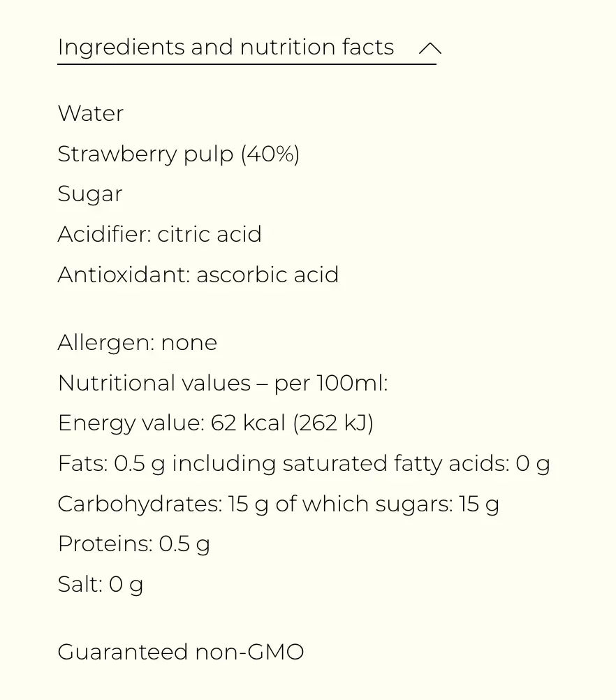 Strawberry pulp drink ingredients and nutrition facts, non-GMO, low-fat, no allergens