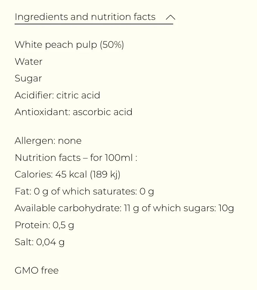 White peach pulp drink ingredients and nutrition facts, GMO-free, no allergens, low-calorie