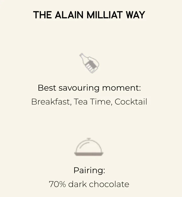 Alain Milliat product pairing guide for 70% dark chocolate, ideal for breakfast, tea time, or cocktails