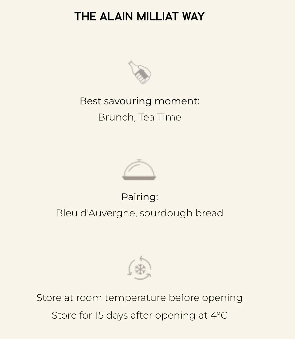 Alain Milliat product guide: best for brunch or tea, pairs with Bleu d'Auvergne & sourdough, store at room temp before opening