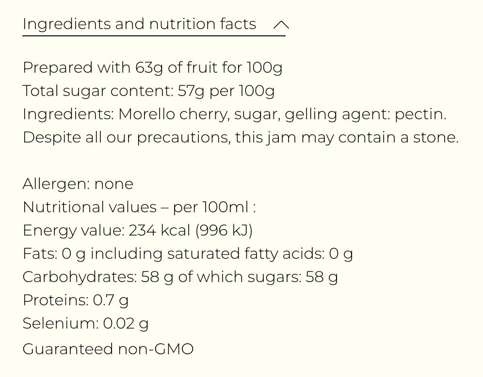 Morello cherry jam ingredients & nutrition facts — non-GMO, no allergens, 63g fruit per 100g