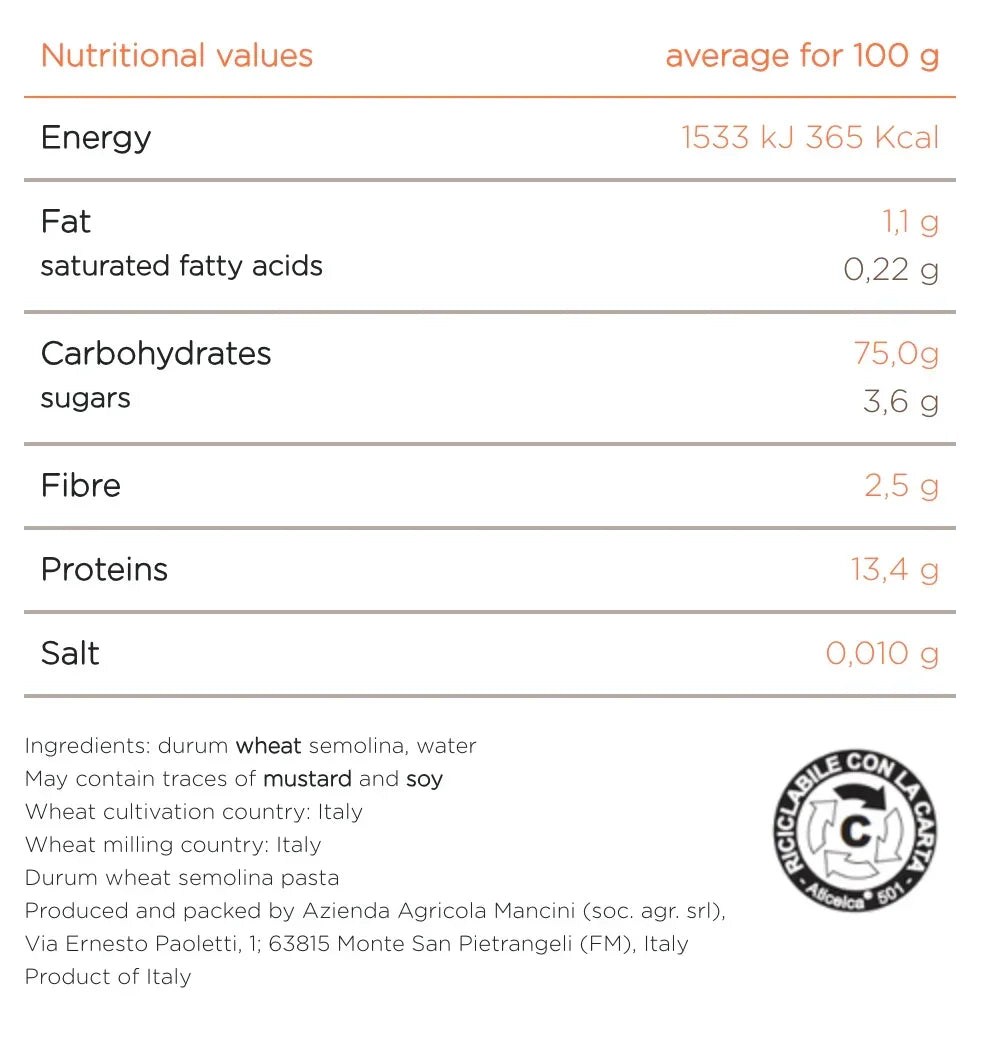 Nutritional values for Italian durum wheat semolina pasta, high-protein, low-fat