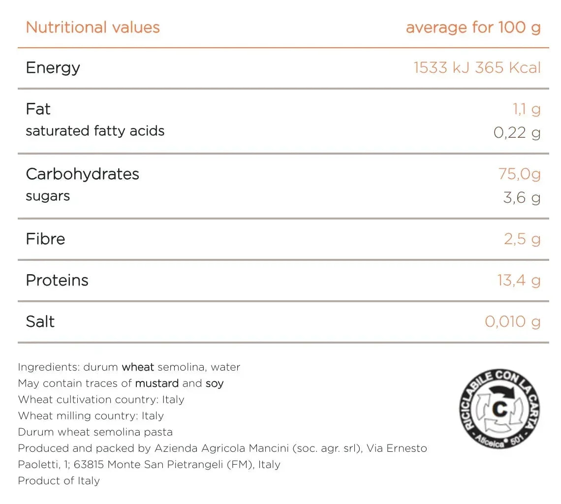 Nutritional values for Italian durum wheat semolina pasta, high-protein, low-fat