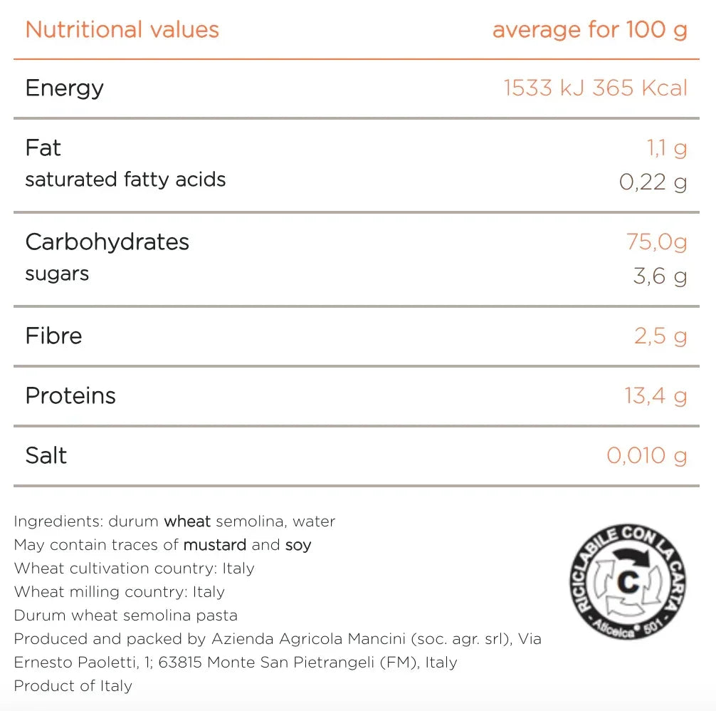 Nutritional values and ingredients for Italian durum wheat semolina pasta, high-protein, low-fat