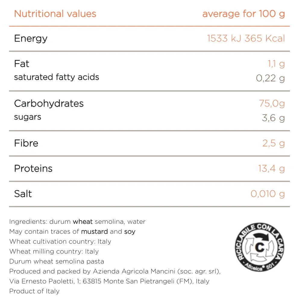 Nutritional values and ingredients for Italian durum wheat semolina pasta, high-protein