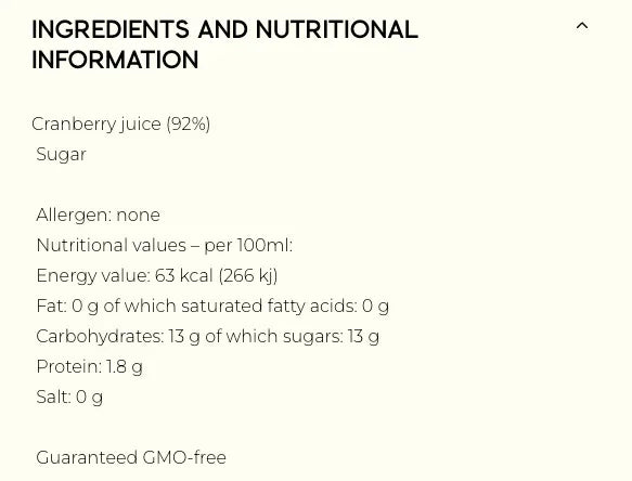Cranberry juice ingredients & nutrition facts: 92% juice, no allergens, GMO-free, 63 kcal per 100ml