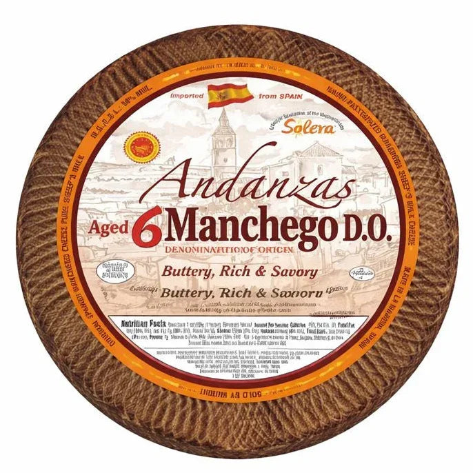 Aged 6-year Manchego D.O. cheese wheel, buttery rich & savory, imported from Spain, artisan-made