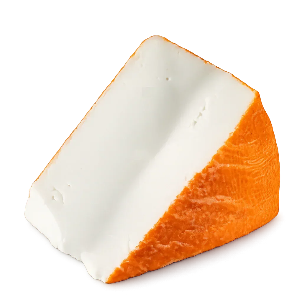 Wedge of artisan French cheese with orange rind, creamy white interior, premium quality
